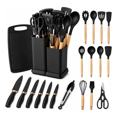 Kit Utensílios Jogo 19 Peças Conjunto Em Silicone De Cozinha Preto