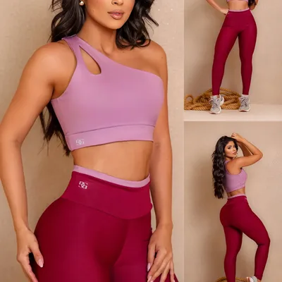 Conjunto Fitness Top Nula Manga E Calça Academia Bicolor Marsala P (38)