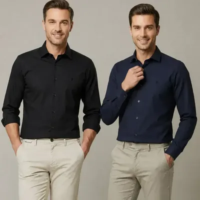 Kit 2 Camisas Slim Fit Polo Wear Preto / Marinho G