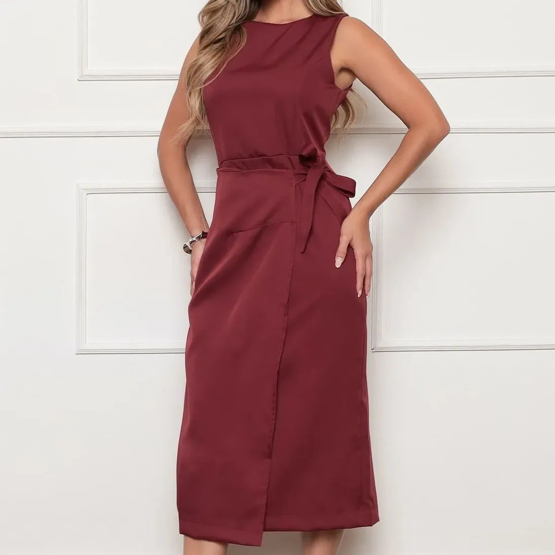 Vestido Midi Alfaiataria Amarração Lateral Elegante Social