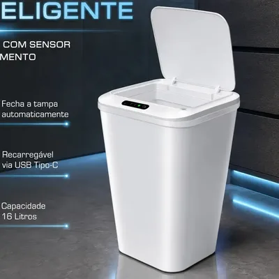 Lixeira Inteligente Automática Branca Universal Com Sensor Recarregável Earman Company Anti Odor 16l Recarregável Usb