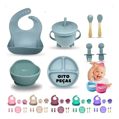 Kit Refeição Bebê Prato Babador Copo Talher Silicone Ventosa Cor Azul
