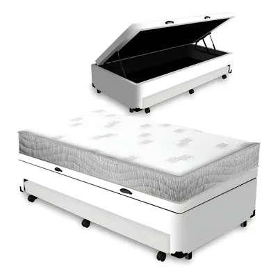 Cama Box Solteiro Branco com Baú e Auxiliar Ortobom Espuma D23