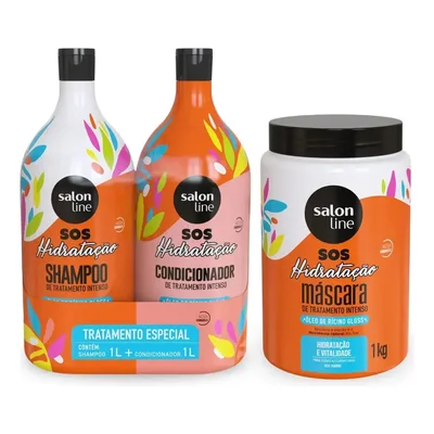Kit Shampoo E Condicionador 1l + Máscara 1kg Sos Hidratação com Óleo de Rícino Linha de Tratamento Cabelos Danificados