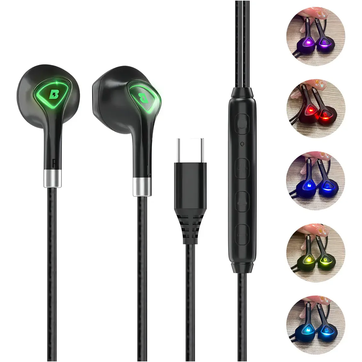 Fone de Ouvido In-Ear Bemmy Preto USB-C com Luz LED para Samsung e iPhone 15