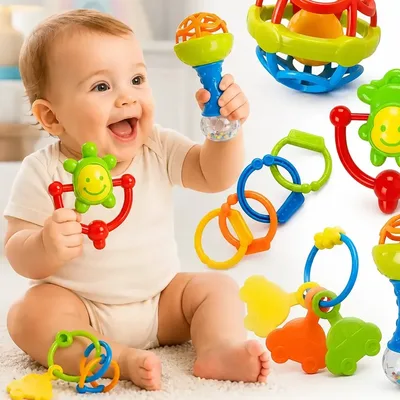 Kit Chocalho Bebe E Mordedores Para Recem Nascido 8 Peças Estímulo Sensorial Brinquedo Educativo