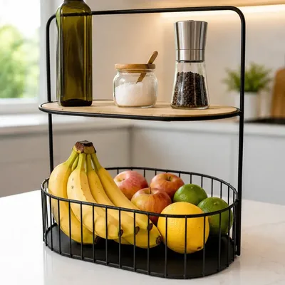 Fruteira De Mesa 2 Andares Metal E Bambu Organizador Cozinha Preto
