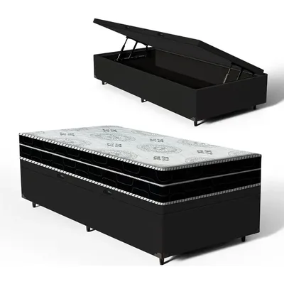 Cama Box Baú Solteiro + Colchão D45 Pillow In Anjos Cor Preto