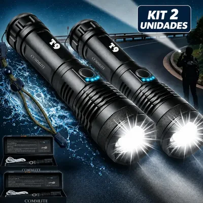 Kit 2 Unidades - Lanterna Tática Militar T9 Mais Forte Do Mundo Profissional Lanterna Potente Led Mais Forte Do Mundo Acampamento Viajens Caça Camping - Commlite Branco Preto