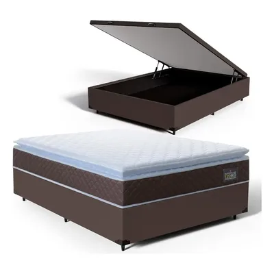 Cama Box Baú Casal Marrom Lucas Colchões + Colchão Espuma D33 Pillow Top