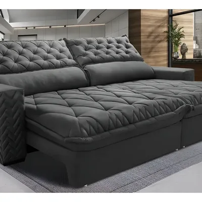 Sofá Retrátil e Reclinável 3,15m Molas Ensacadas Cama inBox Spazus com Bordado 3D Velusoft Cinza