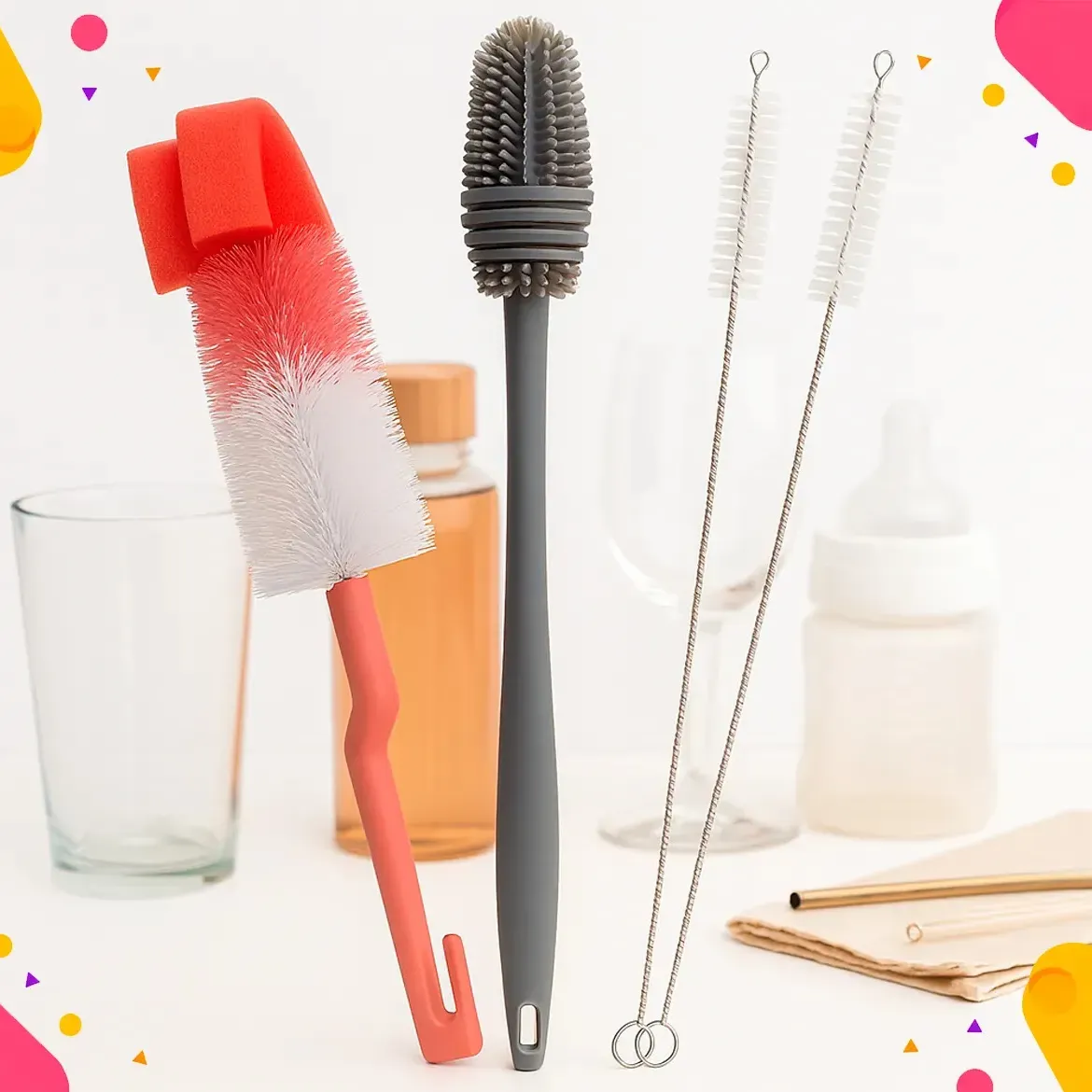 Kit de Escovas Higienizadoras 4 em 1 para Mamadeira e Garrafa, com Nylon e Silicone – Tender Trove