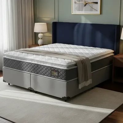 Cama Box Queen + Colchão De Espuma D45 C/ Pillow Top Cor Cinza