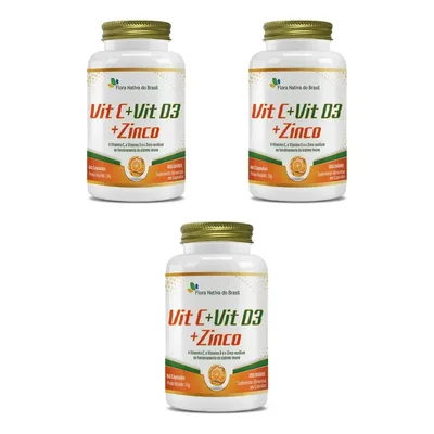 Kit 3x Vitamina C + Vitamina D3 + Zinco 3x60 Cps Flora Sabor Sem Sabor