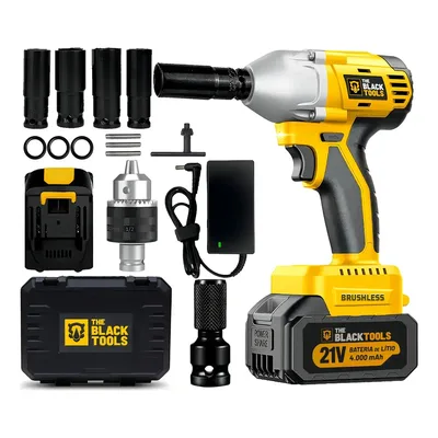 Kit Chave De Impacto 21v Furadeira Parafusadeira Brushless Sem Fio Bateria 4000mah Mandril 13mm 1/2 Pol The Black Tools