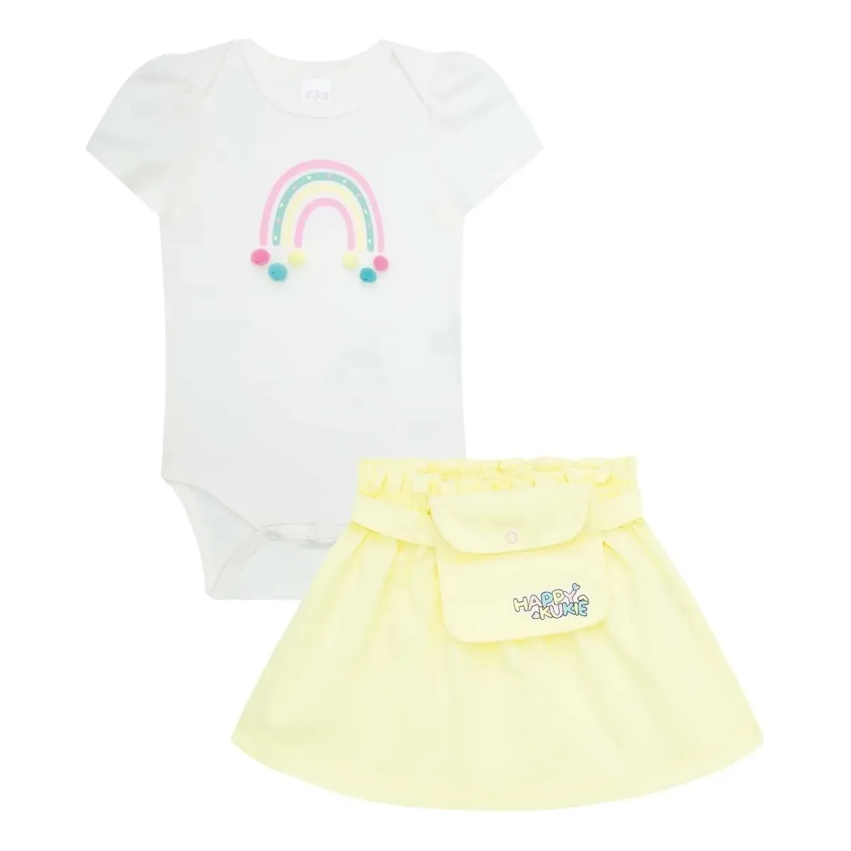 Conjunto Body Arco Iris E Saia Em Sarja Com Pochete Kukiê