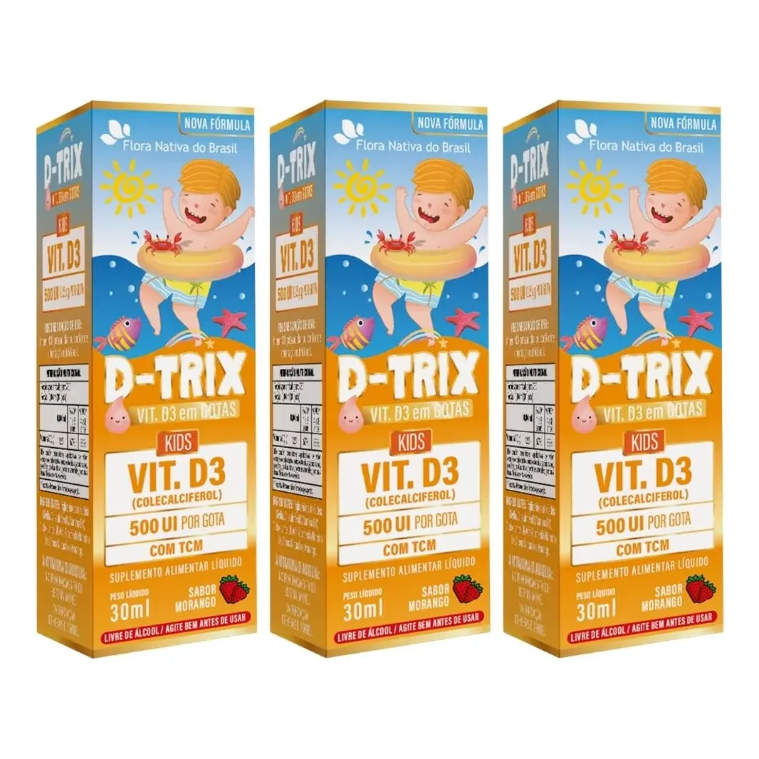 Vitamina D3 Infantil Flora Nativa 3x30ml Sabor Morango Suplemento Líquido