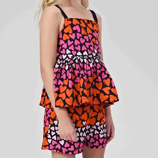 Conjunto Batinha Alça E Short Tricoline Corações Somnii