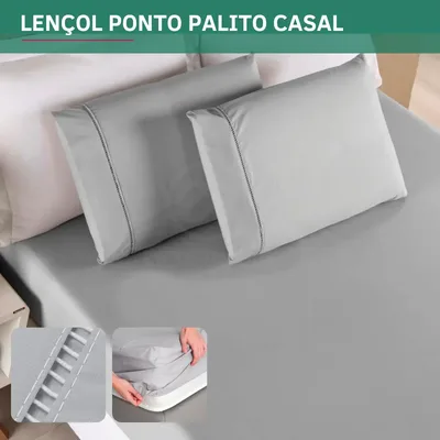 Jogo De Cama Casal Padrão 3 Peças C/ Fronha Ponto Palito Toque Macio Resistente 400 Fios Premium Cor Cinza