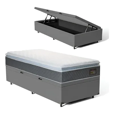 Cama Box Baú Solteiro + Colchão De Espuma D45 C/ Pillow Top Cor Cinza