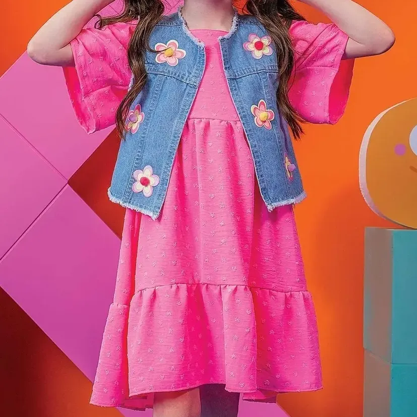Vestido Neon E Colete Jeans Flores Kukiê