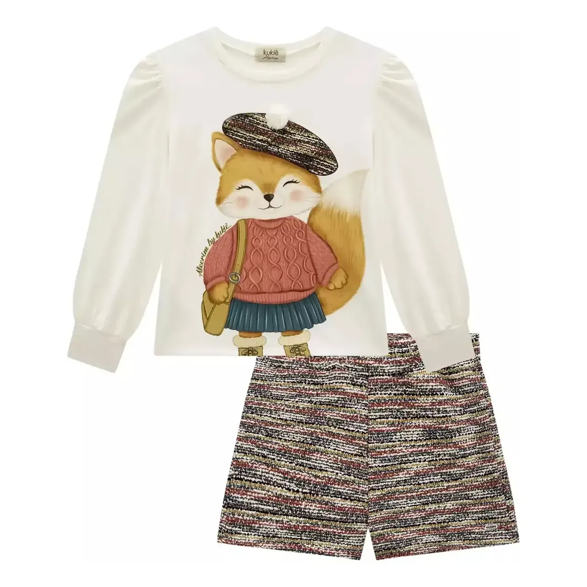 Conjunto Blusa Manga Longa E Shorts Tweed Raposa Kukiê