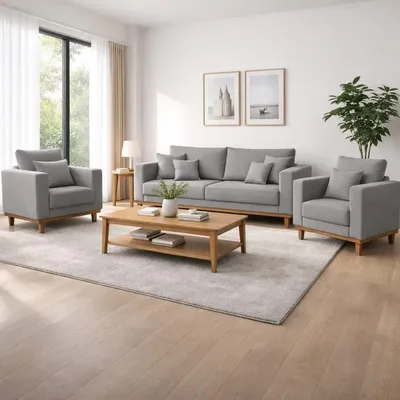 Kit 2 Poltronas Living + Sofá 3 Lugares Base Madeira Linho