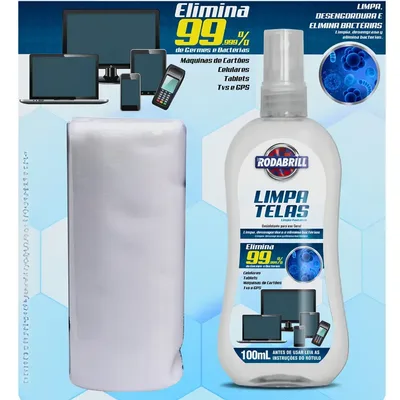 Kit Limpa Telas Rodabrill 100ml C/ Pano Microfibra P/ Celular TV Led