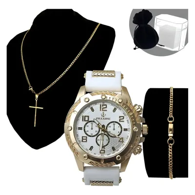 Relógio Masculino De Pulso Prova D'água+ Corrente+ Pulseira+ Pingente Correia Branco/branco