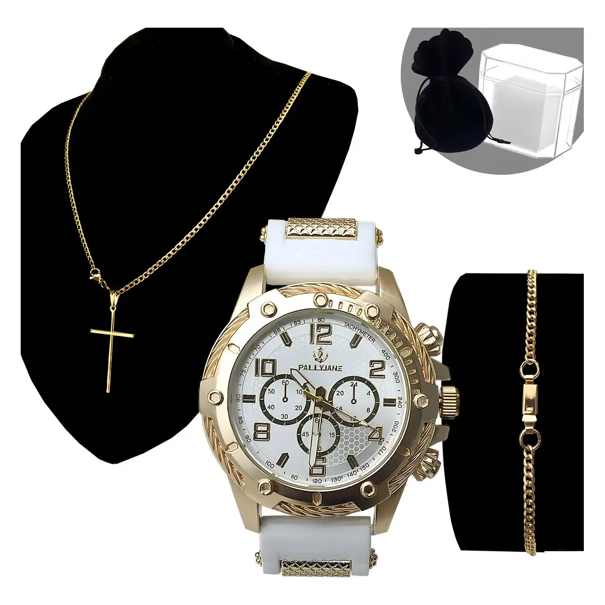 Relógio Masculino De Pulso Prova D'água+ Corrente+ Pulseira+ Pingente Correia Branco/branco
