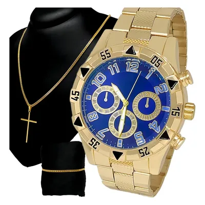 Relógio NbasicsBR De Pulso Masculino Com Cronógrafo e Pulseira De Aço Banhado Dourado/Azul