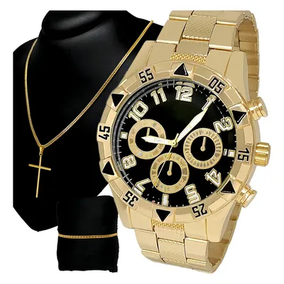 Relógio de Pulso NbasicsBR Masculino Quartzo Dourado/Preto Com Cronógrafo e Calendário