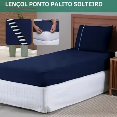 Jogo De Lençol 2 Peças Solteiro Micropercal 400 Fios C/ Fronha Ponto Palito Elástico Premium Extra Macio Resistente Cor Azul Marinho