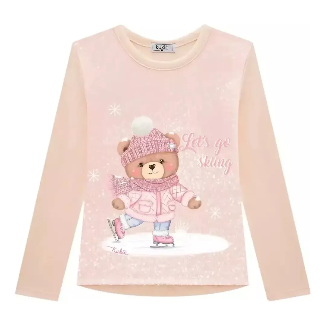 Blusa Infantil Em Cottom Ursa Rosa Kukiê