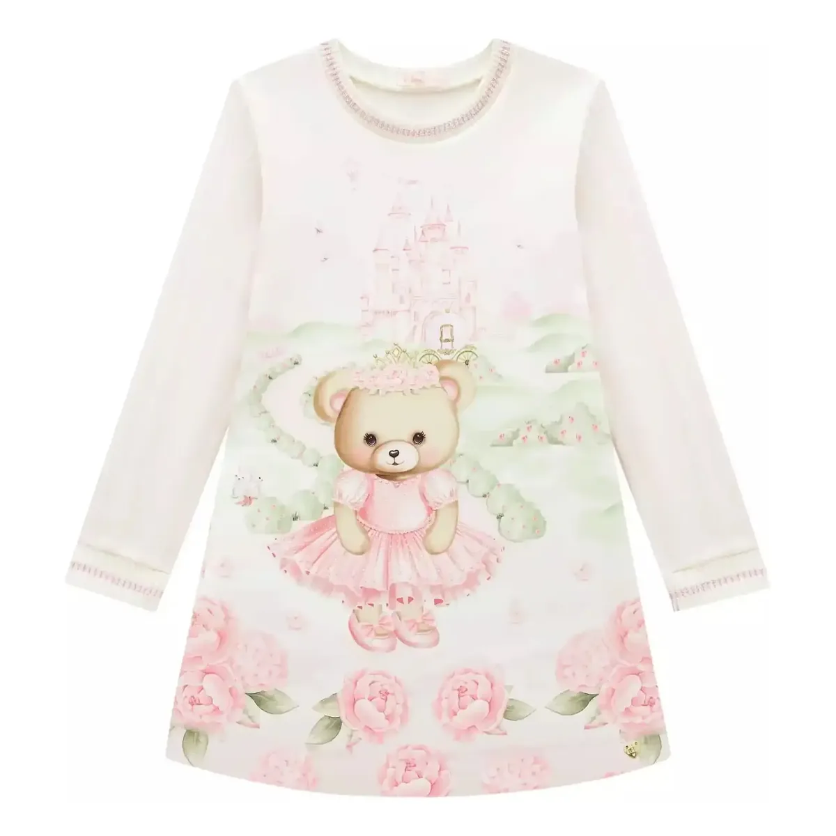 Vestido Infantil Em Fly Tech Mangas Em Tule Rosa Ursas Kukiê