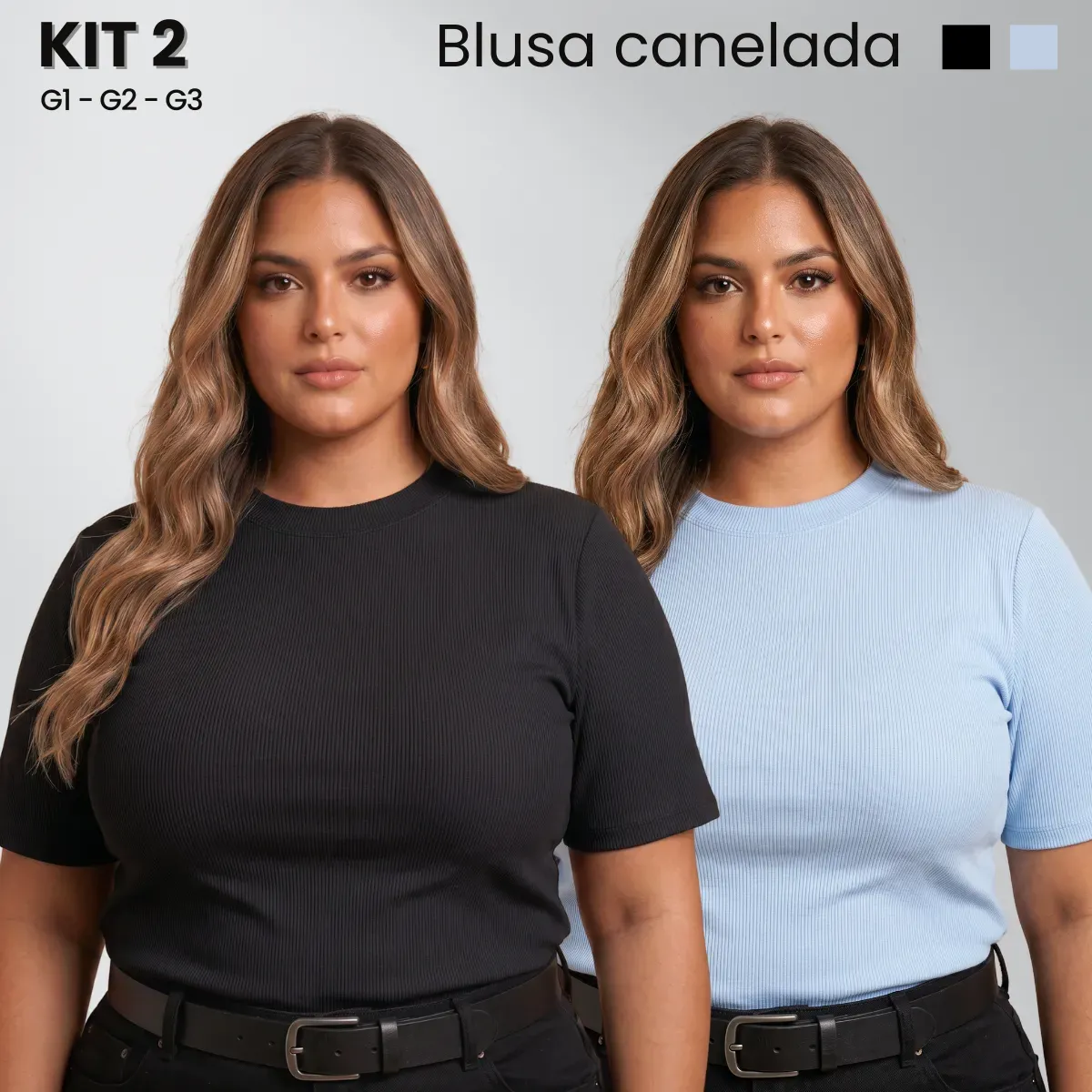Kit 2 Blusa Feminina Plus Size Manga Curta Canelada Baby Tee