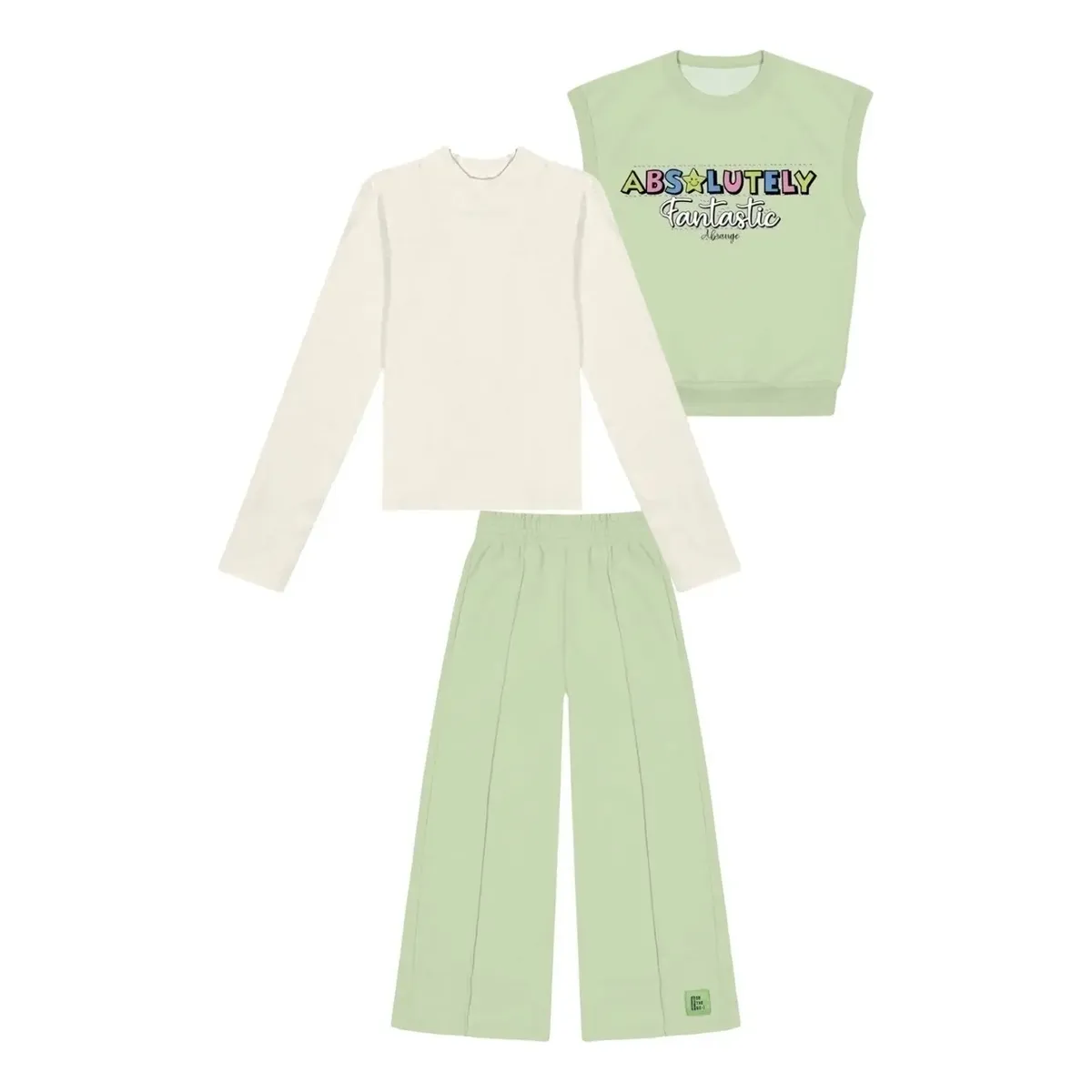 Trio Infantil Blusa Canelada E Colete E Calca Wide Leg Neon