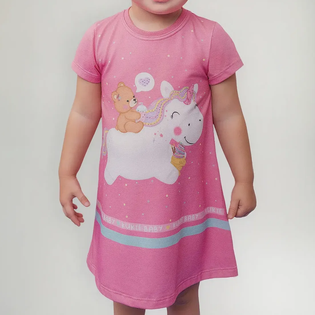 Vestido Infantil Malha Ursa E Unicórnio Rosa Kukiê