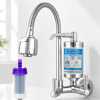 Torneira Cozinha com Filtro Gourmet de Parede Inox e Abs Bica Flexível Móvel Pia Acionamento 1/4 de Volta Conexão de 1/2 e 3/4 Arejador com 2 Modos de Jato Chuveirinho e Concentrado
