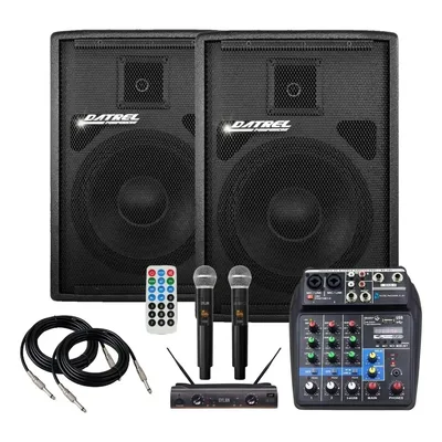 Kit 2 Caixa Som 500w Rms 12 Polegadas Amplificada Ativa Passiva Profissional Acustica Par Datrel Console Mesa 4 Canais Bluetooth Usb Mixer 2 Microfone Sem Fio Duplo Cardiode Dylan para Igreja Eventos