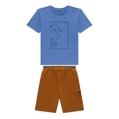 Conjunto Infantil Camiseta Malha Botone Bermuda Onda Marinha