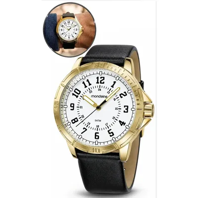 Relógio Mondaine Masculino Analógico Pulseira Couro Preto Caixa Dourada Fundo Branco Casual Elegante Original