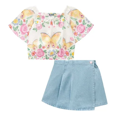 Conj Cropped Borboletas E Short Saia Jeans Kukiê