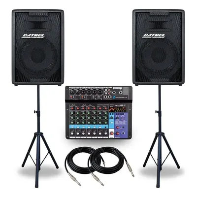 Kit 2 Caixas Som 300w Rms Amplificada Ativa Passiva Acustica Datrel + Console Mesa 8 Canais Audio Profissional Bluetooth Usb Combo Efeitos Midi + 2 Suporte Pedestal Tripe + Cabos Evento Igreja