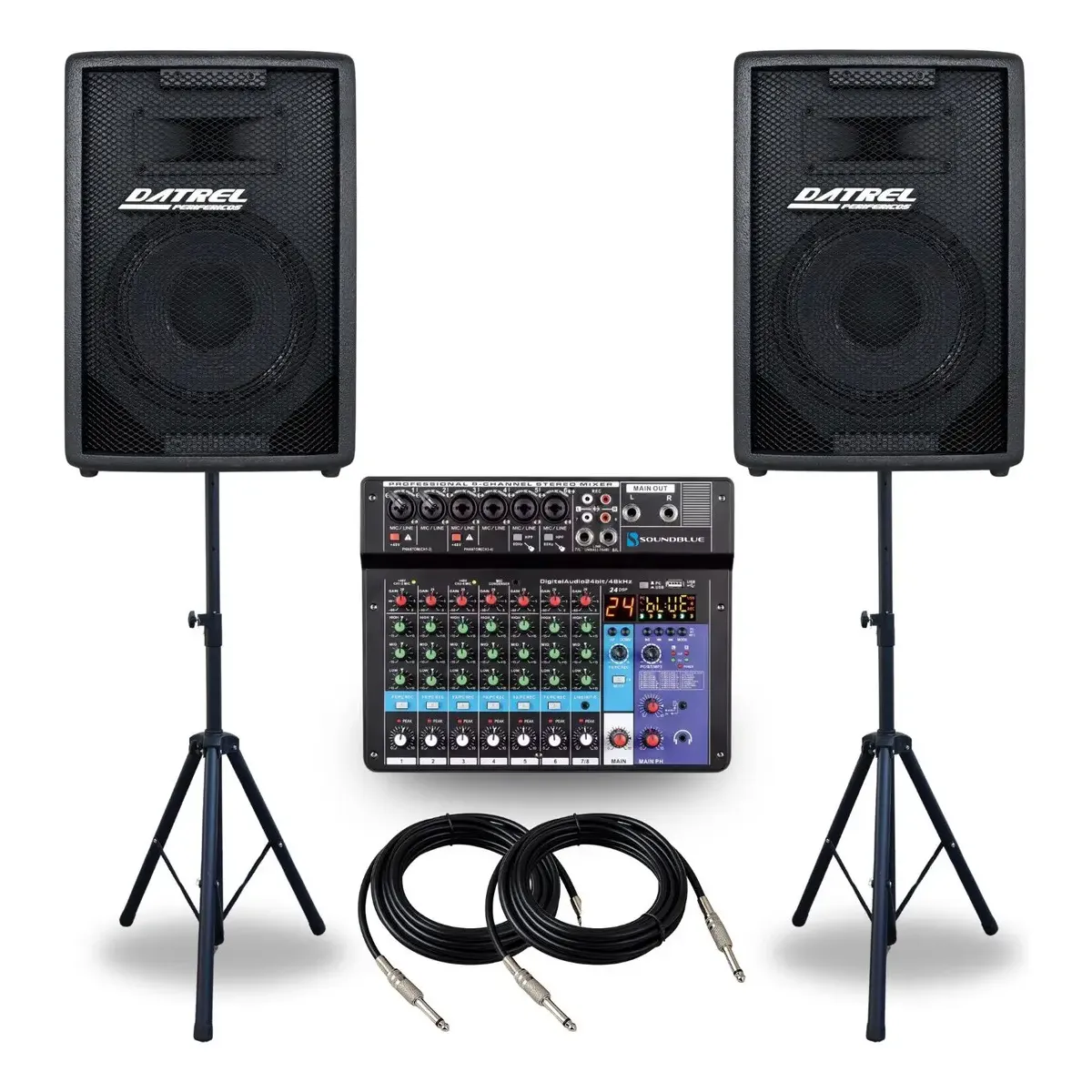 Kit 2 Caixas Som 300w Rms Amplificada Ativa Passiva Acustica Datrel + Console Mesa 8 Canais Audio Profissional Bluetooth Usb Combo Efeitos Midi + 2 Suporte Pedestal Tripe + Cabos Evento Igreja