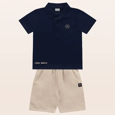 Conjunto Polo Malha Marinho E Bermduda Linho Nude Fakini