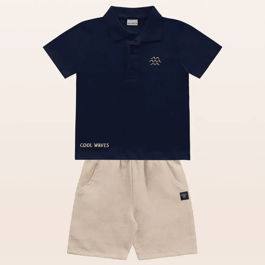 Conjunto Polo Malha Marinho E Bermduda Linho Nude Fakini