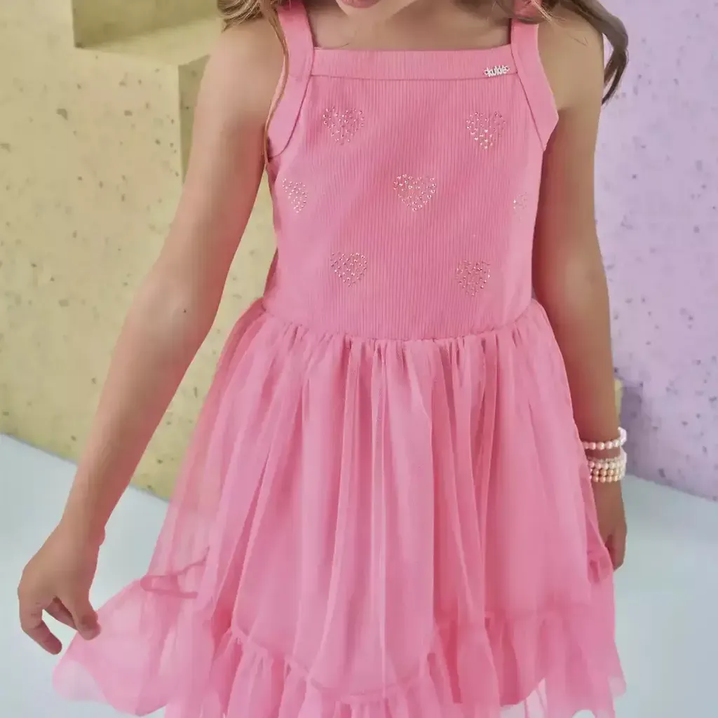 Vestido Infantil Canelado Tule Com Elastano Rosa Neon Kukiê