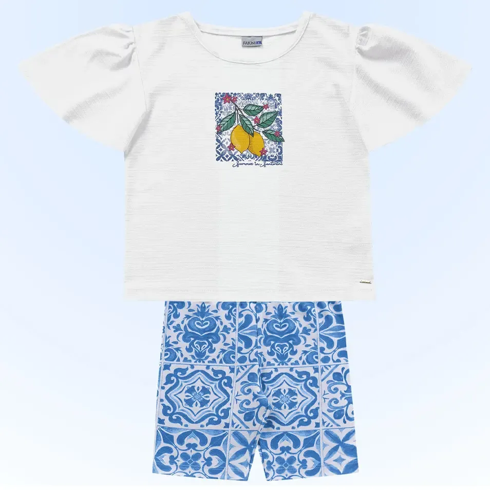 Conjunto Blusa Limão E Bermuda Azul Fakini