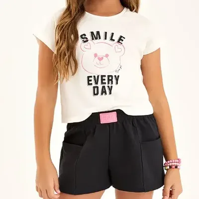 Conjunto Infantil Blusa Malha Short Moletinho Ursa Nina Go!